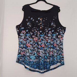 Women's Boho Blue and Black Floral Hippie Blouse Size 2XL